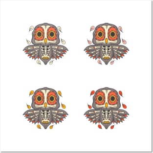 Colorful Grey Red Beige Yellow Orange Owl Day of the Dead Skeleton Posters and Art